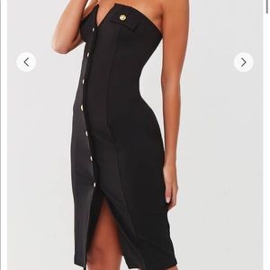 Black strapless dress with gold buttons